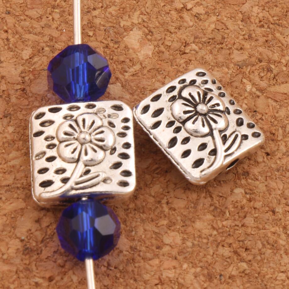 Flower Concave Carved Pattern Square Flat Beads Findings 200PCS Zinc Alloy Jewelry Making L1798 10X10mm Loose Beads