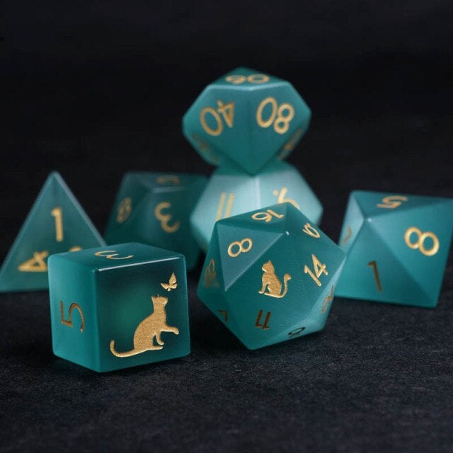 Gray Cat's Eye Stone Polyhedral DND Dice Set Handmade Engraved Moon Logo Stone Beads D&D D20 Dice For RPG COC Table Games Gift