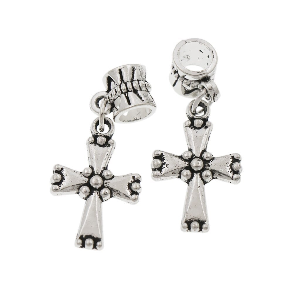 100Pcs 13.8x32mm Antique Silver End Cross With Dots on Metal Big Hole Beads Dangle Fit European Charm Bracelets Jewelry DIY B486